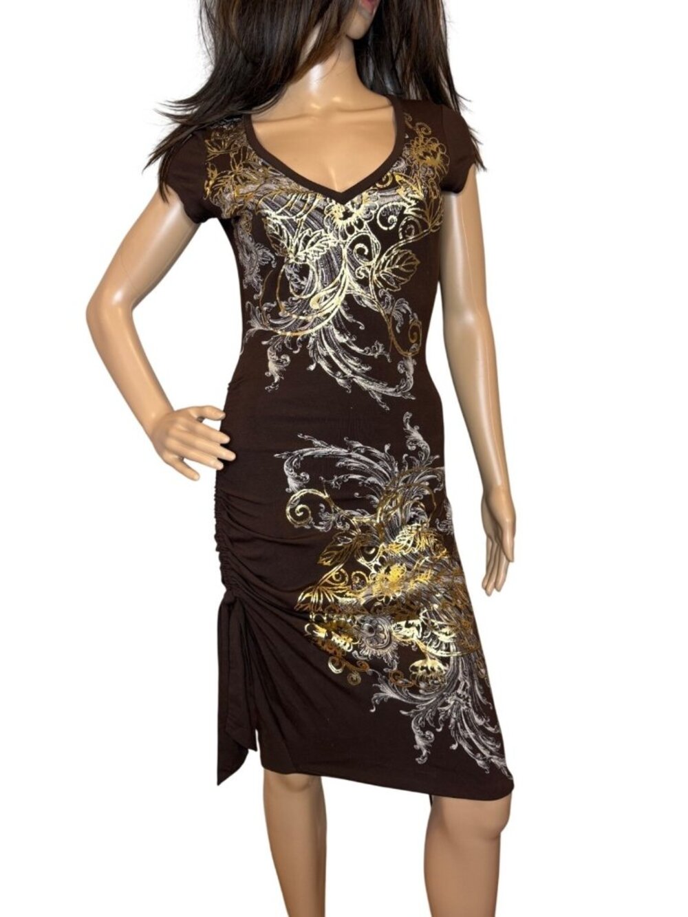 Y2K Cache Midi Dress Metallic Gold Stretchy Shirt Dress Bodycon Small